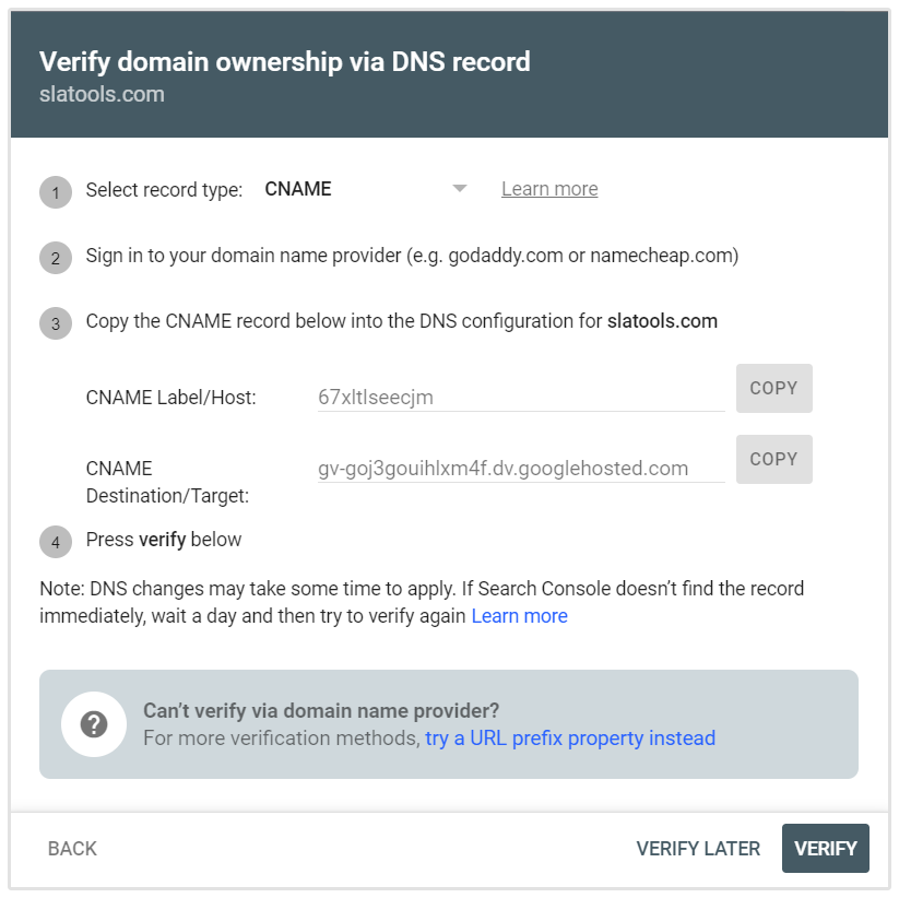 Vérification de l'enregistrement Cname Google Search Console